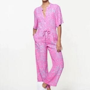 Pink Floral Short-Sleeve Tie-Waist Jumpsuit